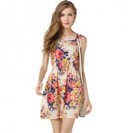 Women's Chiffon Sleeveless Floral Printed Dress Elastic High Waist Maxi Dress(S-XXL) 