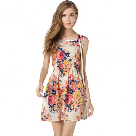Women's Chiffon Sleeveless Floral Printed Dress Elastic High Waist Maxi Dress(S-XXL)