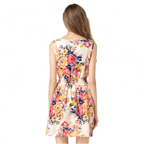 Women's Chiffon Sleeveless Floral Printed Dress Elastic High Waist Maxi Dress(S-XXL)