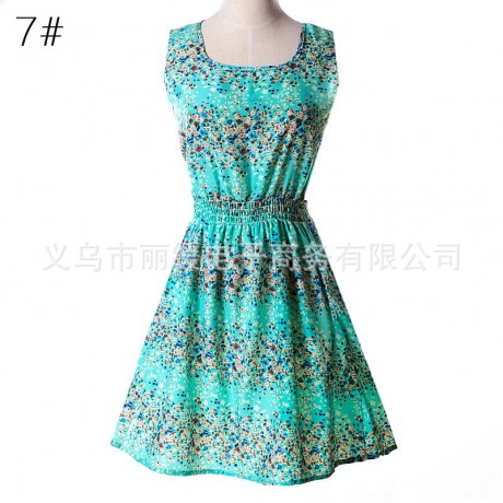 Women's Chiffon Sleeveless Floral Printed Dress Elastic High Waist Maxi Dress(S-XXL)