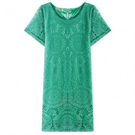 Women's Lace Short Sleeve Solid Dress Scoop Neck Ruffled Mini Dress(S-XXXL)