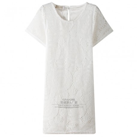 Women's Lace Short Sleeve Solid Dress Scoop Neck Ruffled Mini Dress(S-XXXL)