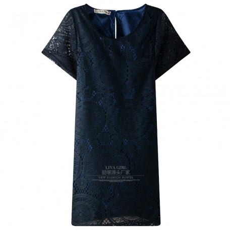 Women's Lace Short Sleeve Solid Dress Scoop Neck Ruffled Mini Dress(S-XXXL)