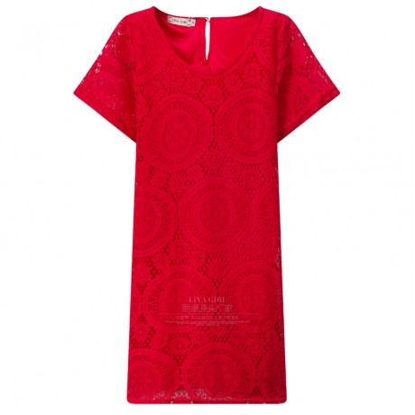 Women's Lace Short Sleeve Solid Dress Scoop Neck Ruffled Mini Dress(S-XXXL)