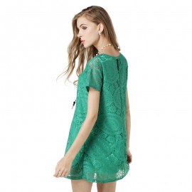 Women's Lace Short Sleeve Solid Dress Scoop Neck Ruffled Mini Dress(S-XXXL) 