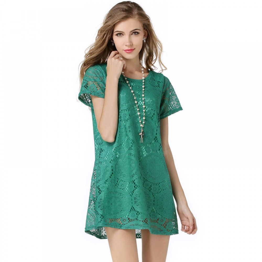 Women's Lace Short Sleeve Solid Dress Scoop Neck Ruffled Mini Dress(S-XXXL)