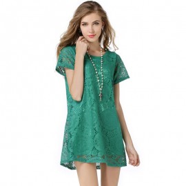 Women's Lace Short Sleeve Solid Dress Scoop Neck Ruffled Mini Dress(S-XXXL)