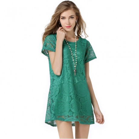 Women's Lace Short Sleeve Solid Dress Scoop Neck Ruffled Mini Dress(S-XXXL)