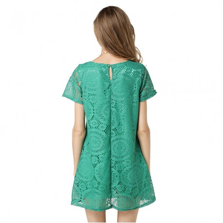 Women's Lace Short Sleeve Solid Dress Scoop Neck Ruffled Mini Dress(S-XXXL)