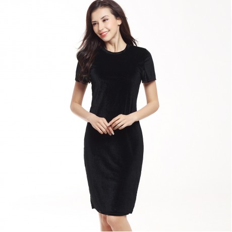 Women's Pleuche Short Sleeve Solid Dress Casual Scoop Neck Pencil Dress(S-XXL)