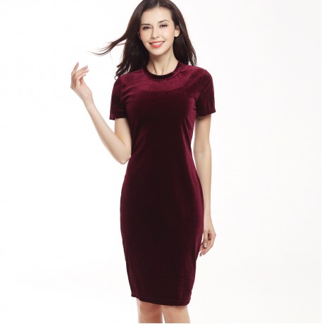 Women's Pleuche Short Sleeve Solid Dress Casual Scoop Neck Pencil Dress(S-XXL)