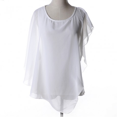 Women's Chiffon False Two Pieces T Shirt Solid Ruffled Batwing-Sleeved Tops Blouses(S-XL)