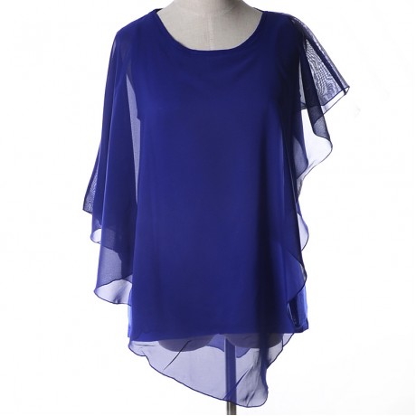 Women's Chiffon False Two Pieces T Shirt Solid Ruffled Batwing-Sleeved Tops Blouses(S-XL)