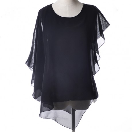 Women's Chiffon False Two Pieces T Shirt Solid Ruffled Batwing-Sleeved Tops Blouses(S-XL)
