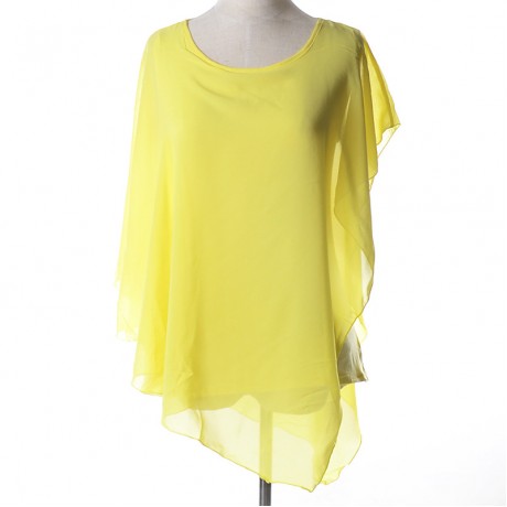 Women's Chiffon False Two Pieces T Shirt Solid Ruffled Batwing-Sleeved Tops Blouses(S-XL)