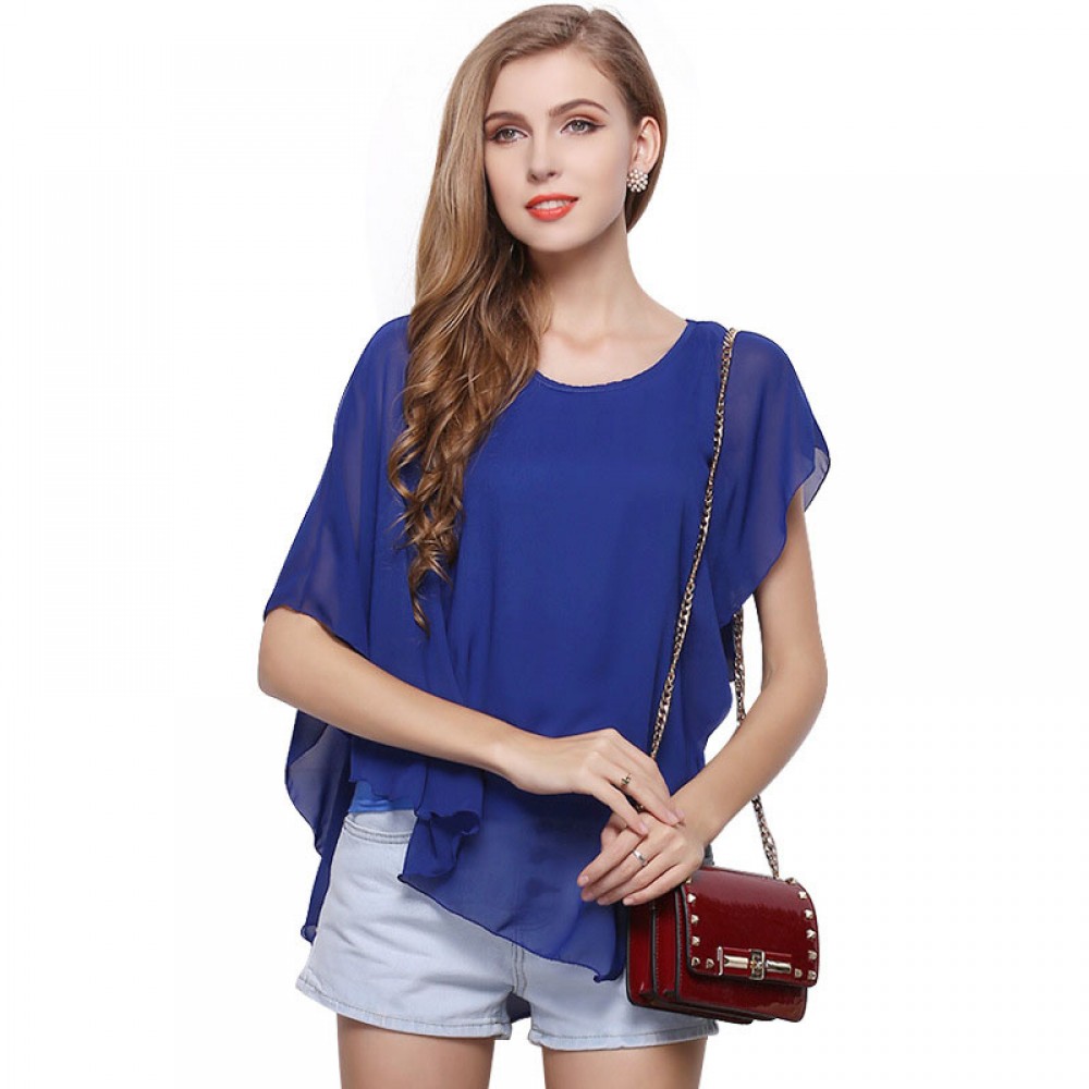 Women's Chiffon False Two Pieces T Shirt Solid Ruffled Batwing-Sleeved Tops Blouses(S-XL)