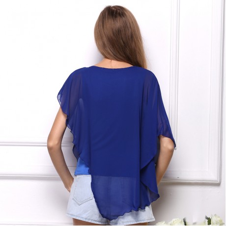 Women's Chiffon False Two Pieces T Shirt Solid Ruffled Batwing-Sleeved Tops Blouses(S-XL)