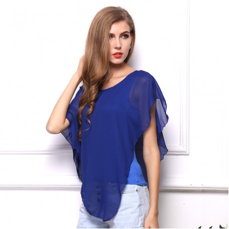 Women's Chiffon False Two Pieces T Shirt Solid Ruffled Batwing-Sleeved Tops Blouses(S-XL)