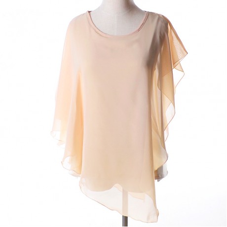 Women's Chiffon False Two Pieces T Shirt Solid Ruffled Batwing-Sleeved Tops Blouses(S-XL)
