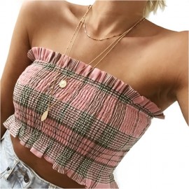 Women's Sexy Slim Check Vest T Shirt Off The Shoulder Chest Wrap Tops(Free Size) 