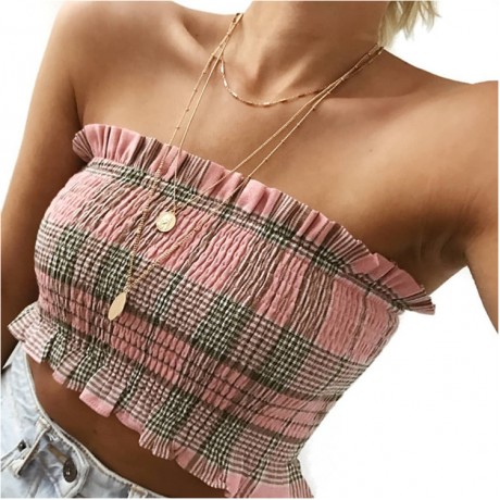 Women's Sexy Slim Check Vest T Shirt Off The Shoulder Chest Wrap Tops(Free Size)