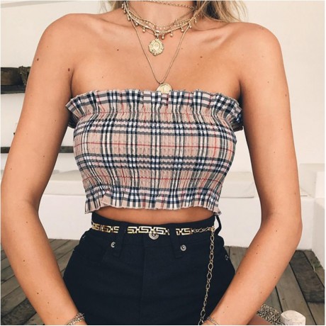 Women's Sexy Slim Check Vest T Shirt Off The Shoulder Chest Wrap Tops(Free Size)