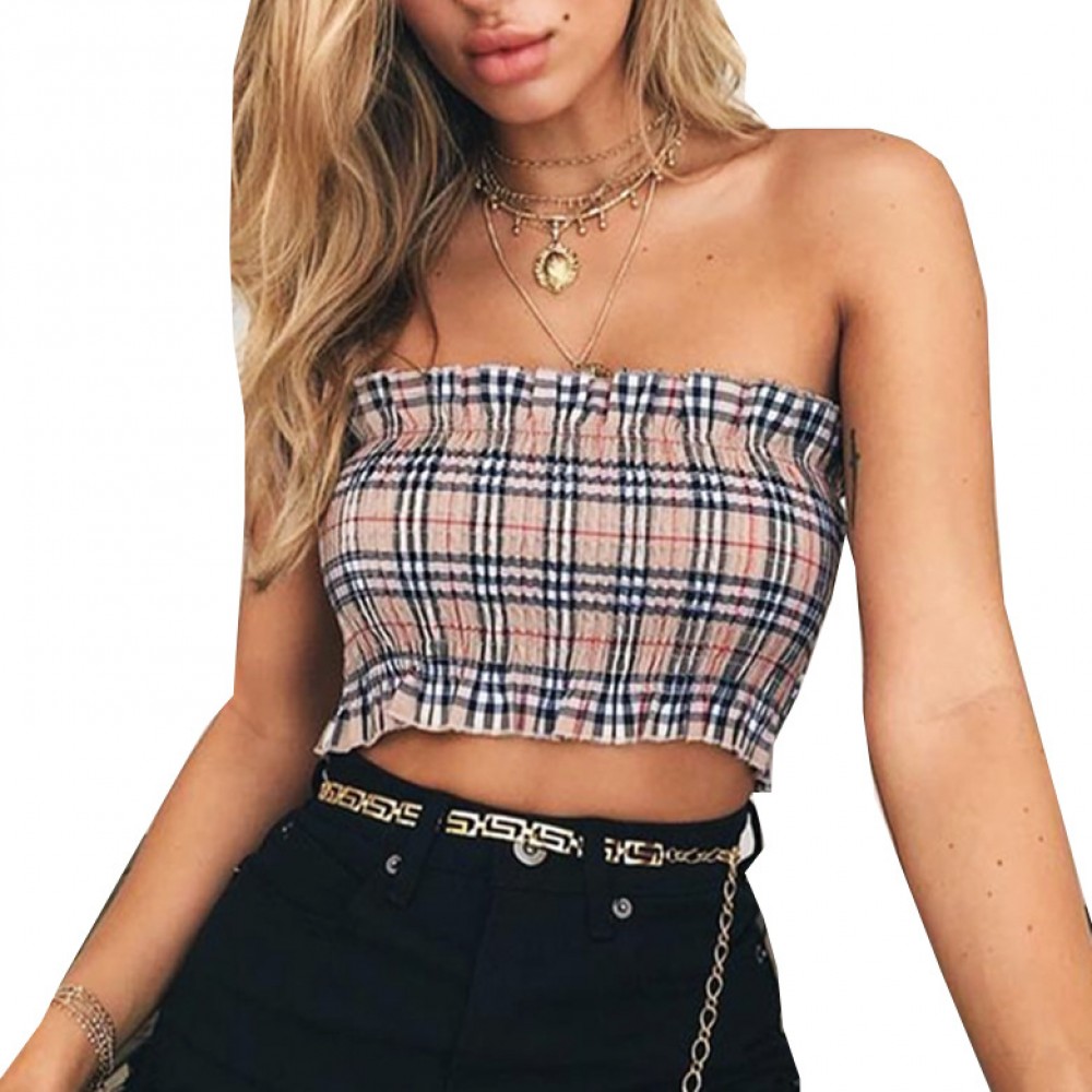 Women's Sexy Slim Check Vest T Shirt Off The Shoulder Chest Wrap Tops(Free Size)