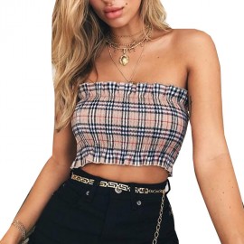 Women's Sexy Slim Check Vest T Shirt Off The Shoulder Chest Wrap Tops(Free Size) 