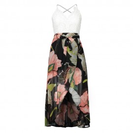 Women's Chiffon Sleeveless Lace Stitching Floral Dress High Waist A-Line Front Slit Beach Dress(S-XXL) 