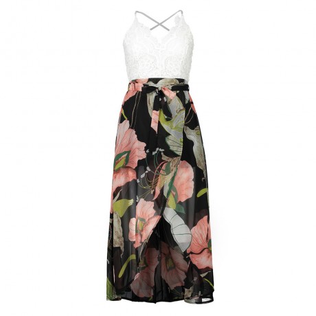 Women's Chiffon Sleeveless Lace Stitching Floral Dress High Waist A-Line Front Slit Beach Dress(S-XXL)