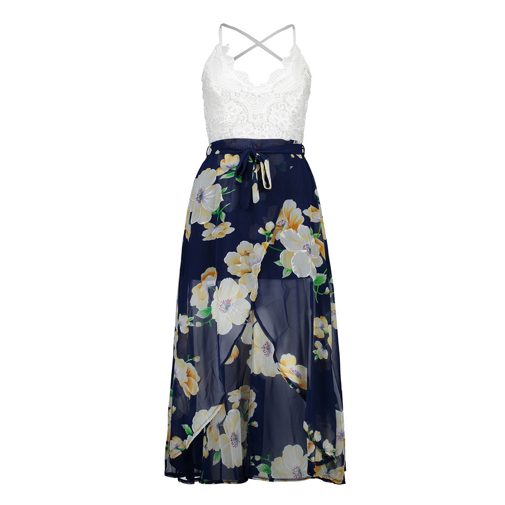 Women's Chiffon Sleeveless Lace Stitching Floral Dress High Waist A-Line Front Slit Beach Dress(S-XXL)