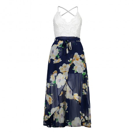 Women's Chiffon Sleeveless Lace Stitching Floral Dress High Waist A-Line Front Slit Beach Dress(S-XXL)