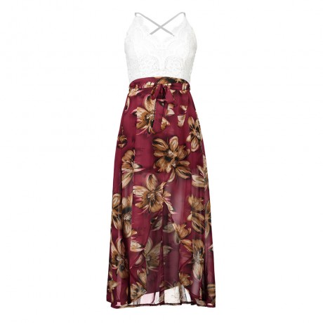 Women's Chiffon Sleeveless Lace Stitching Floral Dress High Waist A-Line Front Slit Beach Dress(S-XXL)