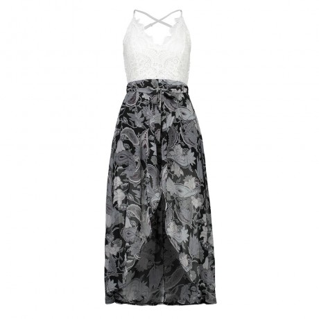 Women's Chiffon Sleeveless Lace Stitching Floral Dress High Waist A-Line Front Slit Beach Dress(S-XXL)