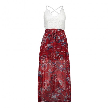 Women's Chiffon Sleeveless Lace Stitching Floral Dress High Waist A-Line Front Slit Beach Dress(S-XXL)