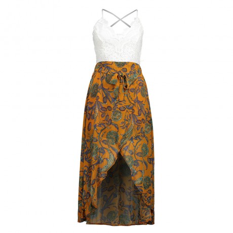 Women's Chiffon Sleeveless Lace Stitching Floral Dress High Waist A-Line Front Slit Beach Dress(S-XXL)