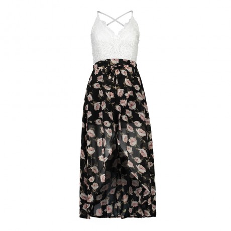 Women's Chiffon Sleeveless Lace Stitching Floral Dress High Waist A-Line Front Slit Beach Dress(S-XXL)