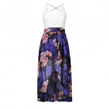 Women's Chiffon Sleeveless Lace Stitching Floral Dress High Waist A-Line Front Slit Beach Dress(S-XXL)