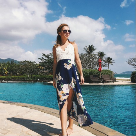 Women's Chiffon Sleeveless Lace Stitching Floral Dress High Waist A-Line Front Slit Beach Dress(S-XXL)