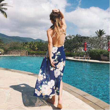 Women's Chiffon Sleeveless Lace Stitching Floral Dress High Waist A-Line Front Slit Beach Dress(S-XXL)