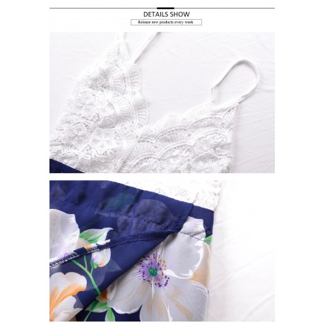 Women's Chiffon Sleeveless Lace Stitching Floral Dress High Waist A-Line Front Slit Beach Dress(S-XXL)