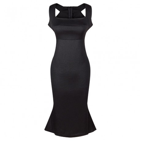 Women's Sexy Sleeveless Ruffled Mermaid Dress Zipper Pure Color Pencil Dress(S-XXXL)