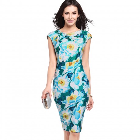 Women's Slim Short Sleeve Floral Dress Scoop Neck High Waist Pencil Dress(S-XXL)