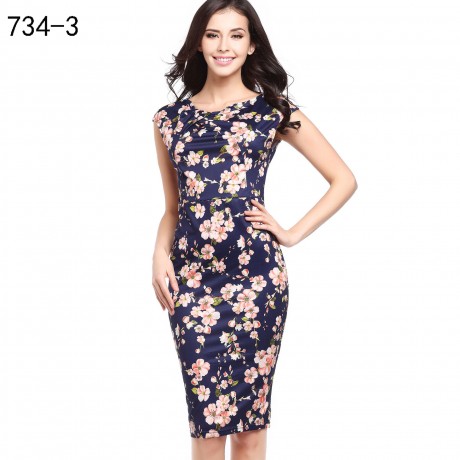Women's Slim Short Sleeve Floral Dress Scoop Neck High Waist Pencil Dress(S-XXL)
