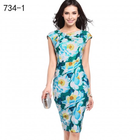 Women's Slim Short Sleeve Floral Dress Scoop Neck High Waist Pencil Dress(S-XXL)