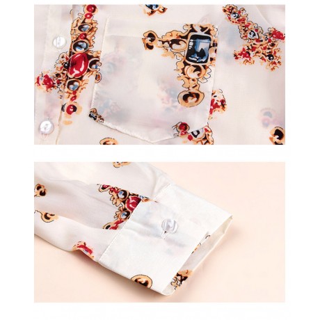 Women's Casual Chiffon Long Sleeve Printed T Shirt Lapel Button-down Tops Blouses(S-XL)