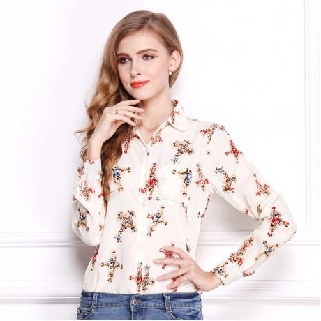Women's Casual Chiffon Long Sleeve Printed T Shirt Lapel Button-down Tops Blouses(S-XL)