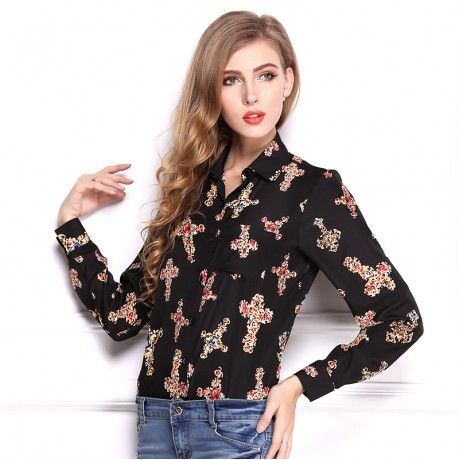 Women's Casual Chiffon Long Sleeve Printed T Shirt Lapel Button-down Tops Blouses(S-XL)
