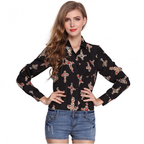 Women's Casual Chiffon Long Sleeve Printed T Shirt Lapel Button-down Tops Blouses(S-XL)