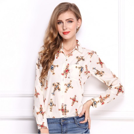 Women's Casual Chiffon Long Sleeve Printed T Shirt Lapel Button-down Tops Blouses(S-XL)